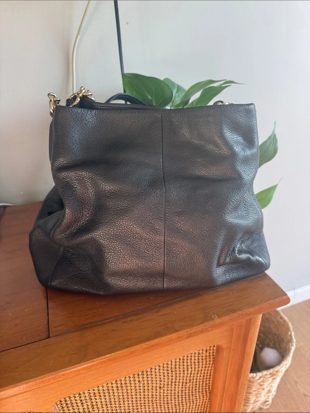 Coach Hallie Black Pebbled Leather Shoulder Bag with Gold Chain